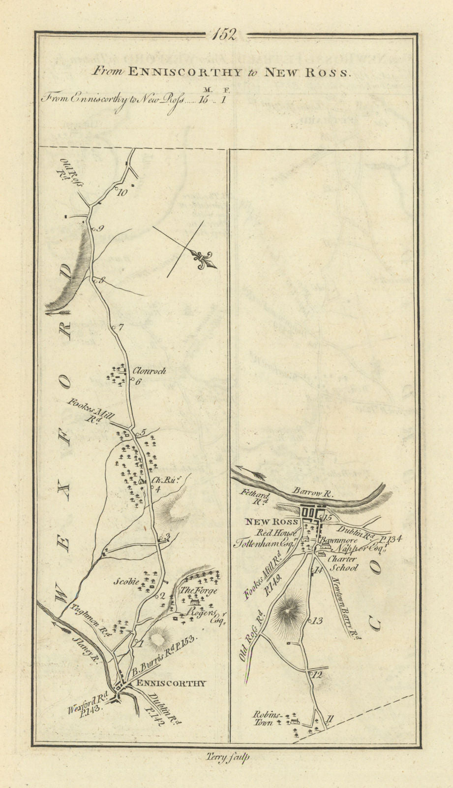 #152 From Enniscorthy to New Ross. Clonroche Wexford. TAYLOR/SKINNER 1778 map